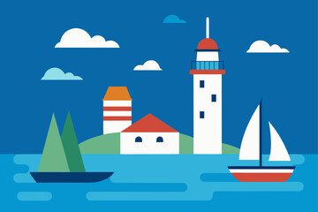 island harbor with sailing boats and lighthouse