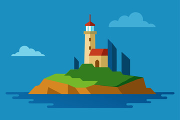 island with ancient lighthouse and rocky shoreli