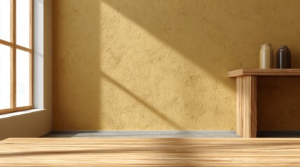 Minimalist room interior wooden floor yellow wall sunlight wooden table and jars
