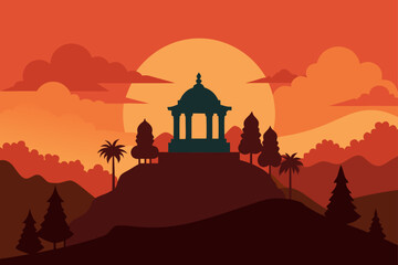 sunset skyline over hilltop temple in jungle