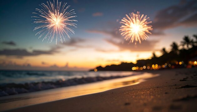 Festive fireworks display over a tropical beach at sunset Golden hour light illuminates the ocean waves and sandy shore