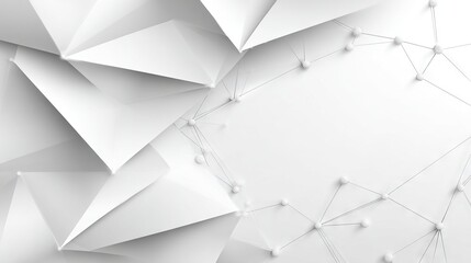 Futuristic abstract white polygonal shapes blending into connected molecular network on clean light background symbolizing technology
