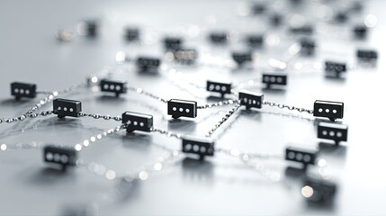 Abstract network of black chat bubble icons connected by lines on grey surface symbolizing communication, social media and interaction