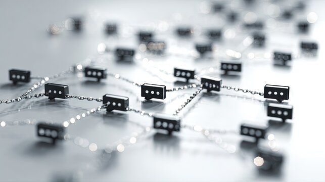 Abstract network of black chat bubble icons connected by lines on grey surface symbolizing communication, social media and interaction
