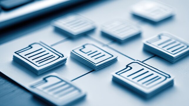 Abstract representation of interconnected digital document icons in blue tones illustrating data management and file organization