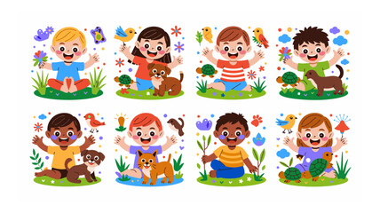 Diverse children with animals and plants in a colorful cartoon illustration set for kids projects