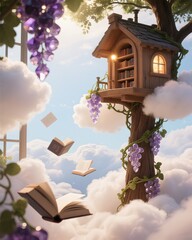 Dreamy Cloud Treehouse Scene,Grape Vines & Books,Romantic Fairy-tale Illustration