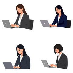 Businesswoman Working on Laptop  Vector set  Illustration