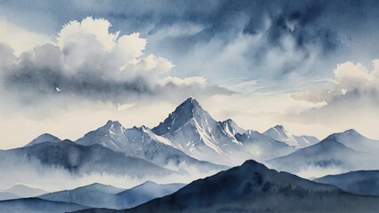 A breathtaking watercolor painting captures a majestic mountain range under a dramatic sky