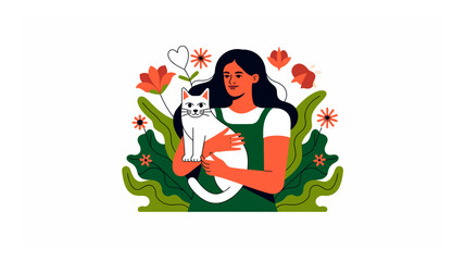 Illustration of a woman embracing a white cat surrounded by colorful flowers and foliage conveying love and companionship in a serene setting