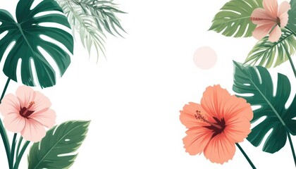  Clean and Serene Minimalist Monstera and Hibiscus Leaves on White A Scandi Inspired Tropical Vector Illustration