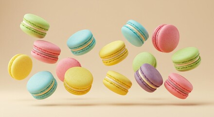 Obraz premium Delightful assortment of pastel-colored macarons floating on a soft background, evoking sweetness and joy.