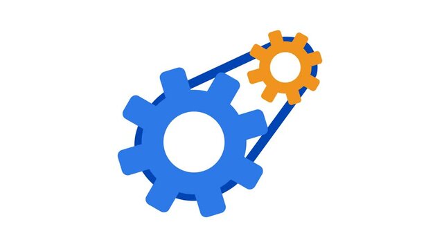 Connected cogs system logo in cartoon animation. Business collaboration mechanism symbol. Interlocking gears teamwork icon. Synergy and process management sign. Alpha channel. Seamless looping.