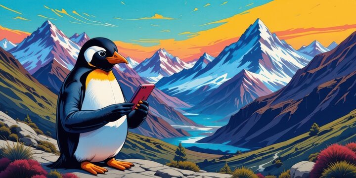  Bold Pop Art Penguin Planning Adventure on Phone – Striking Mountain Landscape