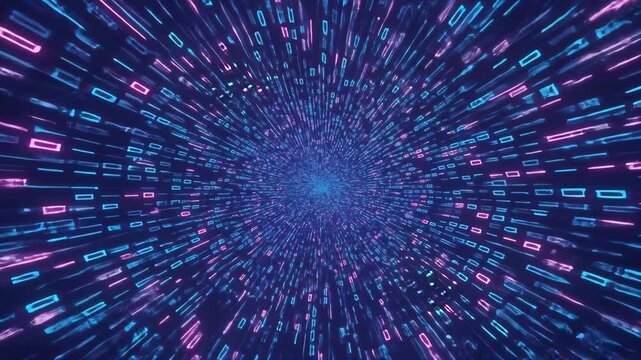 Abstract Digital Tunnel with Glowing Pink and Blue Binary Code