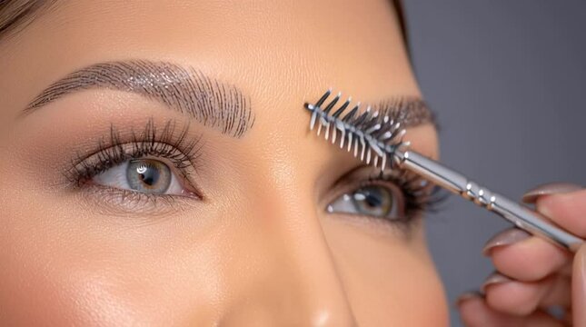 A close-up shows a hand applying makeup to a woman's perfectly shaped eyebrows.