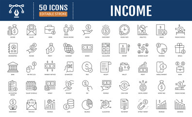 Income Line Icon Set. Includes Earnings, money,
tax, payment, accounting, paycheck, work,
pension, wages, and more. Vector Illustration
with Editable Strokes