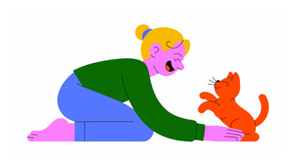 Playful interaction an illustration of a woman kneeling and lovingly reaching out to a cheerful orange cat
