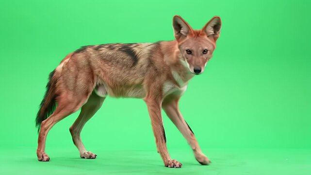 Alert Golden Jackal Standing on Bright Green Screen Background for Easy Isolation and Compositing
