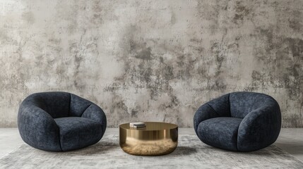 Two dark blue armchairs with a brass coffee table in a room with a concrete wall.