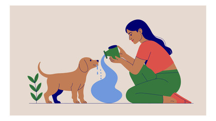 Woman kneeling and pouring water from a green jug for her thirsty dog to drink in a heartwarming illustration
