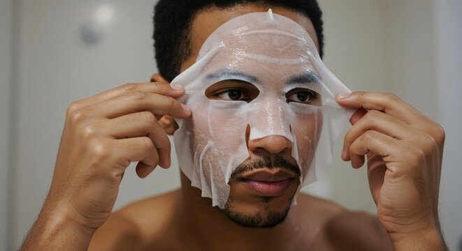 A Black man uses a sheet mask for his skincare and self-care routine