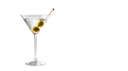 Elegant cocktail in a martini glass garnished with olives, isolated on a white background.