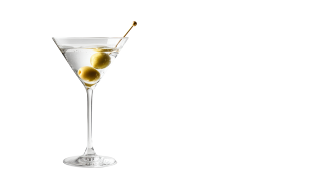 Elegant cocktail in a martini glass garnished with olives, isolated on a white background. - Powered by Adobe