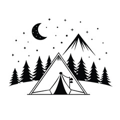 Camping scene under starry night sky with crescent moon