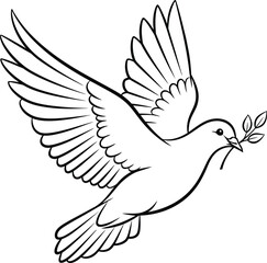 A beautifully crafted line drawing of a dove in mid-flight, elegantly holding an olive branch in its beak. This image represents peace and purity, making it ideal for various applications such as gree