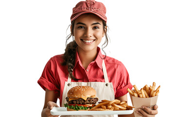 Happy young woman in uniform holding a tray with delicious burger and fries.