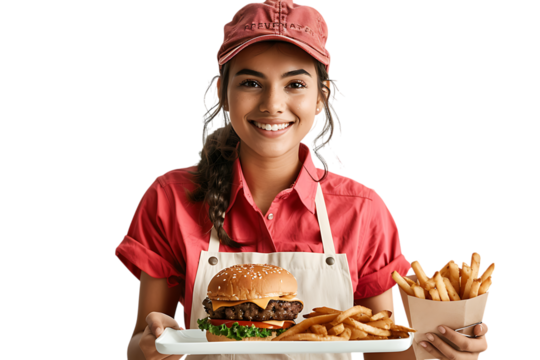 Happy young woman in uniform holding a tray with delicious burger and fries.