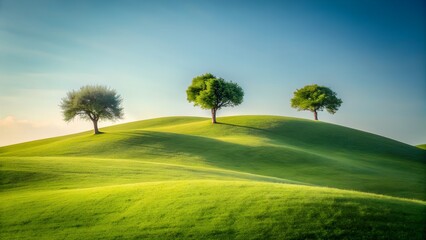 Obraz premium Three lush green trees stand on rolling hills under a clear blue sky on a sunny day