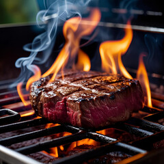 Steak on sizzling grill with flames and smoke, BBQ vibe