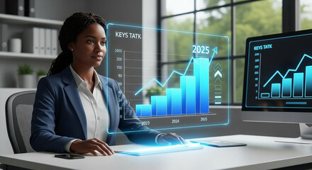 Businesswoman analyzing financial growth charts on a futuristic holographic display
