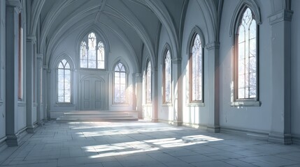 Obraz premium Minimalist plain anime background with white to light gray gradient, soft floor shadow, neutral lighting, and minimal texture in a clean medieval anime room for character design and posing.