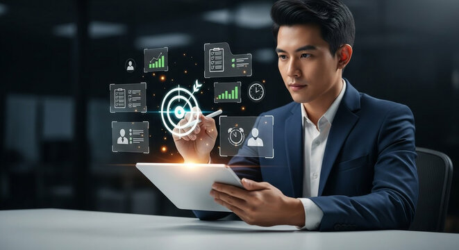 Businessman interacting with digital analytics and strategy interface on tablet