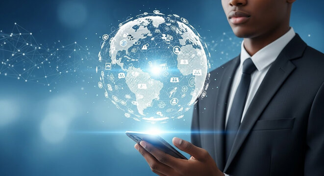 Man in suit holding a digital globe with network connections