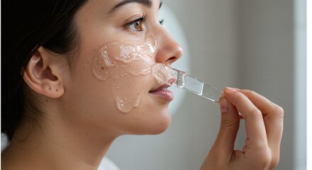 Woman putting on a face mask with a spatula for skincare and a relaxing spa treatment