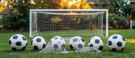 Five soccer balls arranged in front of a soccer goal in a backyard setting, bathed in golden sunset light