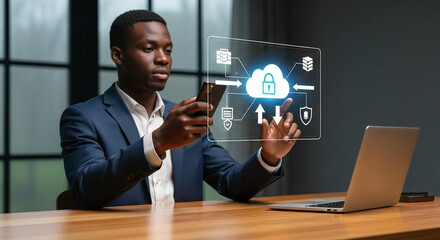 Man interacting with a digital interface displaying cloud security and data transfer icons