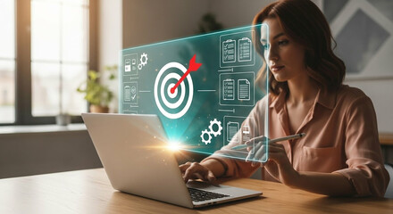 Woman working with digital interface showing business goals and workflow