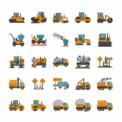 A collection of 24 vector icons depicting various construction and roadwork vehicles and equipment in yellow and gray tones.
