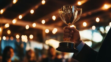 Business professional receiving trophy in corporate award event, formal lighting