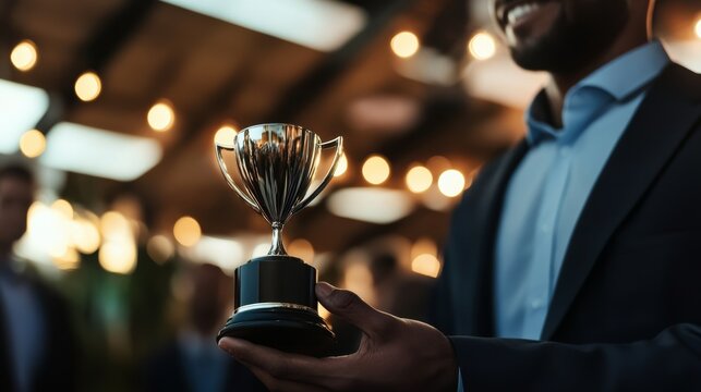 Business professional receiving trophy in corporate award event, formal lighting