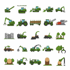 A collection of various green forestry machines and equipment in a flat design.
