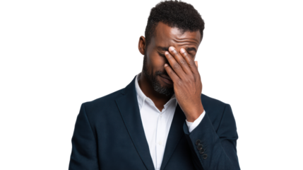 Frustrated man in a suit covering his face with his hand, expressing stress and disappointment.