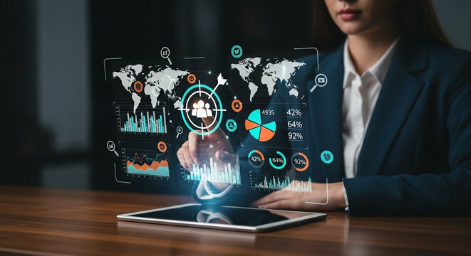 Person interacting with a futuristic holographic global data analysis interface