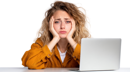 Frustrated young woman sitting at a desk with a laptop, showing signs of stress and exhaustion.