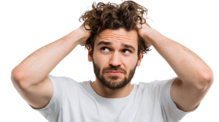 Frustrated young man holding his head in despair, expressing confusion and stress, white isolate background.